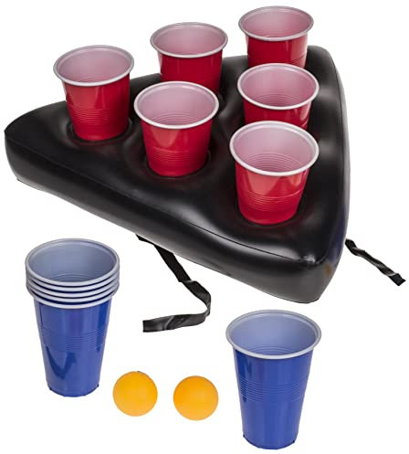 MIJOMA Jeu à boire humain Beer Pong avec chapeau gonflable, 12 gobelets en plastique et 2 balles, jeu de fête, apéritif, jeu de jardin, fête à la maison