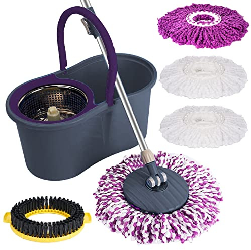 Spin Bucket Mop and Bucket Set 360° Spin Mop Telescopic Handle Floor Mop for Home Cleaning with 4 Reusable Microfiber Pads Wet and Dry (Grey)