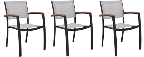 Home4You Gartenstuhl 3er Set – Terrassenstühle stapelbar – Balkonstühle Aluminium schwarz – Textilen grau – Armlehnen Eukalyptusholz – 55x85x48 cm