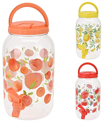 Murago - Getränkespender mit Zapfhahn ca. 3,7 Liter orange - Wasserspender Saftspender Kunststoff Pfirsichmotiv Obstmotiv Früchte Motiv hervorragend für Kinder Plastik