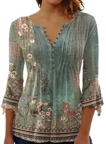 Yeenily Camicia Elegante Donna a Manica Scollo a V T-Shirt a 3/4 Lunga Top Bluse Maglietta Stampato Basic Tee(Verde,M)
