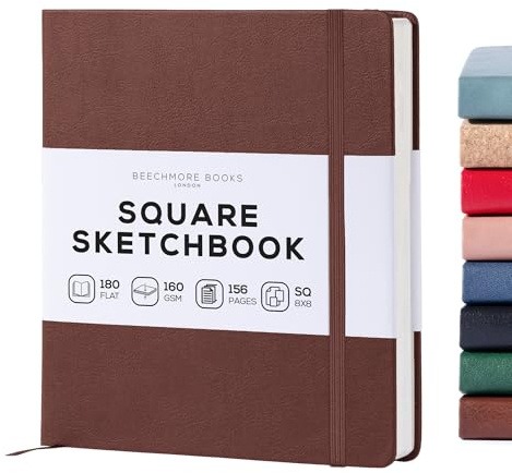 Beechmore Books Square Mixed Media Sketchbook – 8”x8” Inch Professional Art Journal, 160 GSM / 98 lb Ivory Paper, Perforated Pages, Vegan Leather Hardcover, Lay-Flat Design for Drawing & Doodling