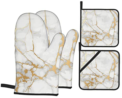 Ensembles de Gants de Four et de Porte-casseroles, Gant de Cuisine et manique à Motif marbre Blanc et Or, 4 pièces pour la Cuisson du Barbecue