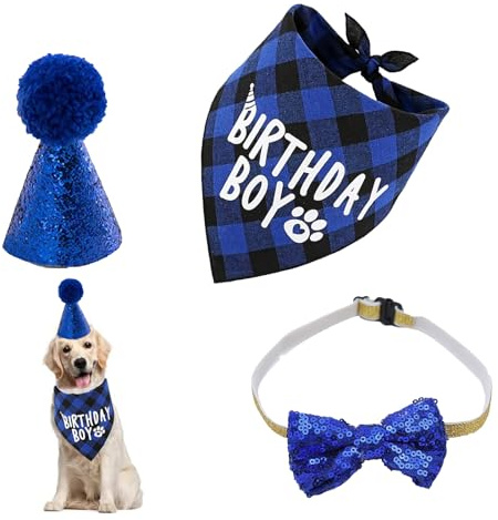 3 Stücke Hund Geburtstag Party Supplies Hund Geburtstag Partyhut Halstuch Krawatten Hunde Zubehör Set für kleine und mittelgroße Haustiere (Blau)