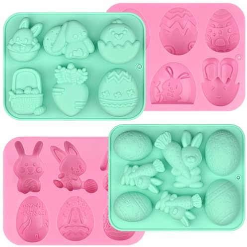 Actvty 4 Pack Easter Chocolate Molds, Bunny Half Egg Shaped Non-stick Silicone Molds for DIY Chocolate Candy Muffin Handmade Soap Cake Decoration