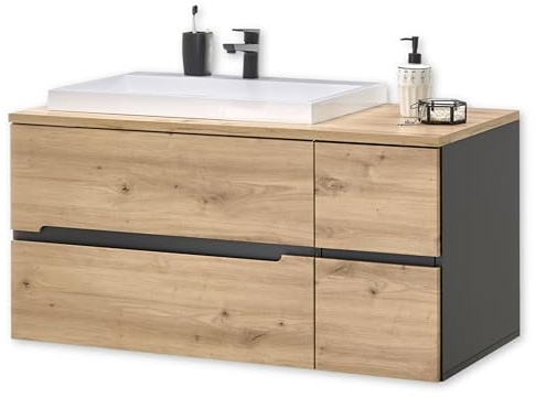 MEMPHIS Badezimmer Waschbeckenunterschrank mit Waschbecken in Artisan Eiche Optik, Grau - Bad Unterschrank schwebend mit viel Stauraum - 110 x 54 x 53 cm (B/H/T)