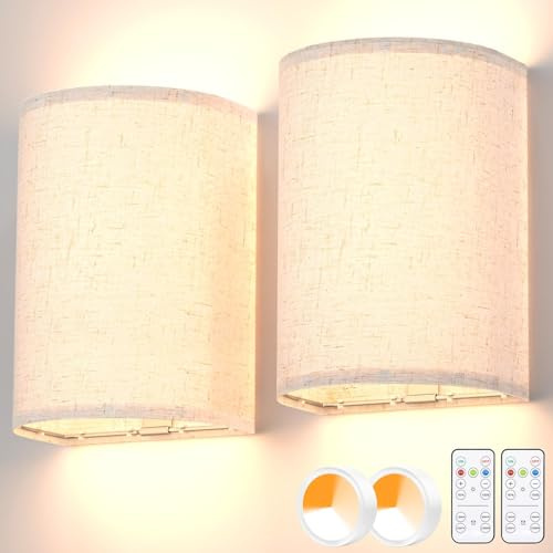 HURYEE Wall Light Set of 2,Battery Operated Wall Lights Fabric Wall Sconce Rechargeable Wall Lights with Remote,Wall Lamps in 3 Colors Temperature Dimmable Timer for Bedroom and Living Room Lighting