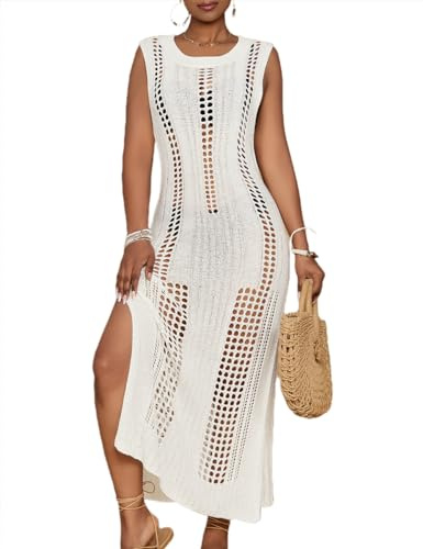 Bsubseach Women Long Sleeveless Crochet Bikini Beach Cover Up White L
