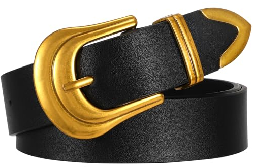 XZQTIVE Damen Ledergürtel Damen Westerngürtel Silber Goldschnalle Schwarzer Taillengürtel für Jeans Hosen Kleider