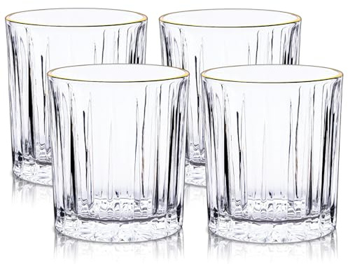 Raisaplin Whiskey Glasses Set of 4 with Gold Rim, 350ml/ 12oz Crystal Old Fashioned Rocks Barware Scotch Bourbon Whiskey Tumblers Snifter for Cocktail Cognac Vodka Drinks Rum Liquor Bar Gifts
