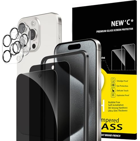 NEW'C Pellicola Privacy per iPhone 15 Pro Max + Protezione Fotocamera | Set da 4, 2x Vetri Temperati + 2x Protezioni Fotocamera, Durezza 9H, Vetro Privacy, Kit Installazione Incluso