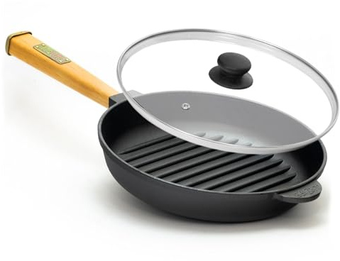 4BIG.fun Grillpfanne aus Gusseisen Ø24cm mit Glasdeckel Feuerpfanne Induktion Holzgriff Bratpfanne Pfanne Steakpfanne geeignet für Gasgrill, Backofen, Feuerstelle, alle Herdarten inkl. Induktion