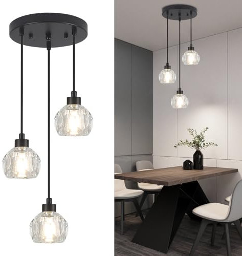 WTUOING Black Pendant Light 3 Lights Ceiling Hanging Pendant Light, Adjustable Height Modern Crystal Pendant Lighting, G9 Dining Room Lights Hanging Lamp for Kitchen Island Living Room Bedroom