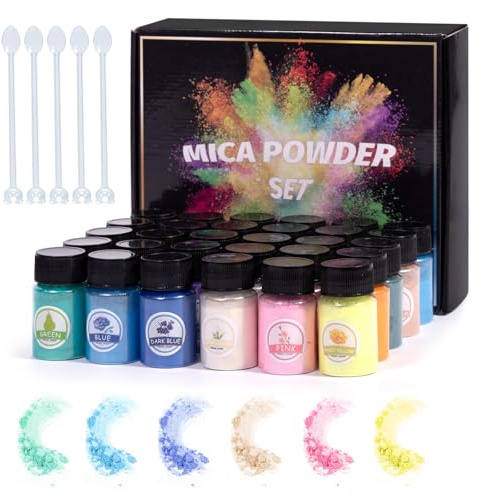 VIDA ROSA 30 Colori Polvere di Mica, Polvere di Mica Brillante per Resina UV ed Epoxy, Colorante Naturale Non Tossico, Applicabile per Resina, Slime,Sapone/Bombe da Bagno, Ogni Bottiglia 0.35 oz (10g）
