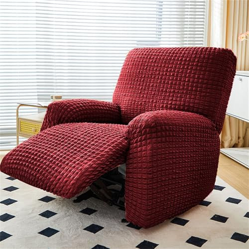 Hearda Seersucker Sesselschoner für Relaxsessel, Mehrfarbig Drucke Stretch Sesselschoner, 4-Teilig Relaxsessel Bezüge, rutschfest Recliner Cover, Waschbar Sesselbezug (Weinrot)