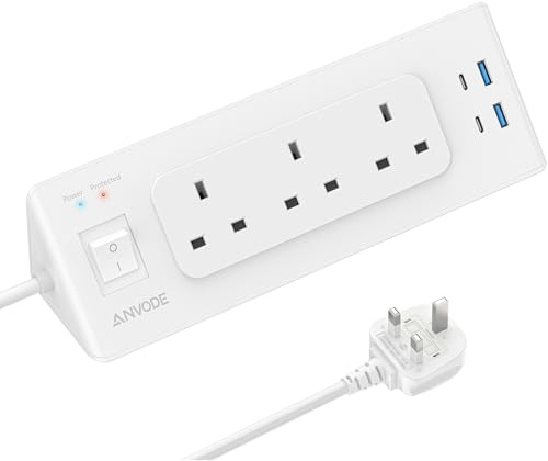 ANVODE Extension Lead with USB, Plug Extension Socket, 2M, Surge Protection | Multi Socket Extensions with Switch, 3 Way, 4 USB (2 USB C), Desk Worktop Power Strip for Home Office Dorm, White