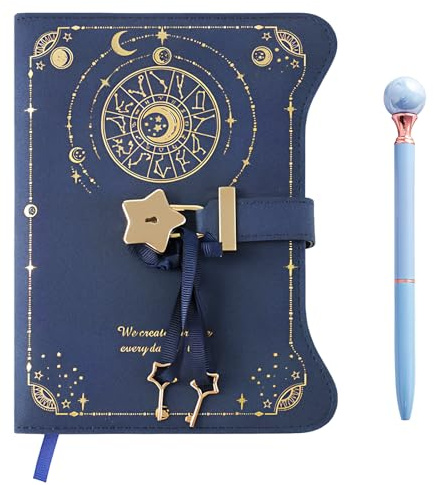 heavenlife Lockable Diary with Key and Pen B6 - Vintage Leather Journal with Heart Shaped Padlock - 180/360 Pages Thick Notebook for Girls, Kids & Women - Secret Writing Journal Gift Set (Navy Blue)