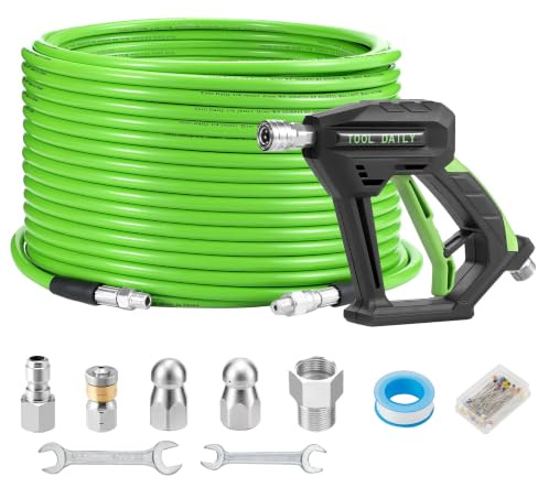 Tool Daily 30 m Tuyau Déboucheur Canalisation Haute Pression avec Pistolet | Furet Deboucheur Canalisation 1/4 NPT, Lance de Nettoyeur Haute Pression M22 14mm, 3 Buses de Jet d'Égout, 250 bar