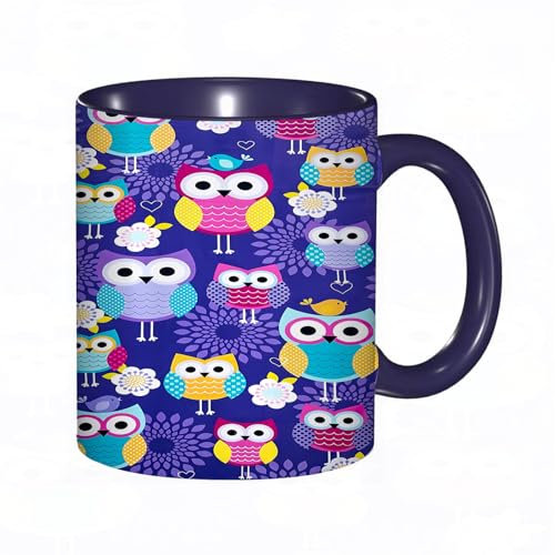 EKLMPS Becher aus Keramik, Ideal als Geschenk, Hochwertiger Aufdruck, Tasse mit Motiv, Tee Becher, Coffee Cup, 330ml, Muster mit handgezeichneten Gekritzel-Eulen. Netter Hintergrund für Kinder. Muster