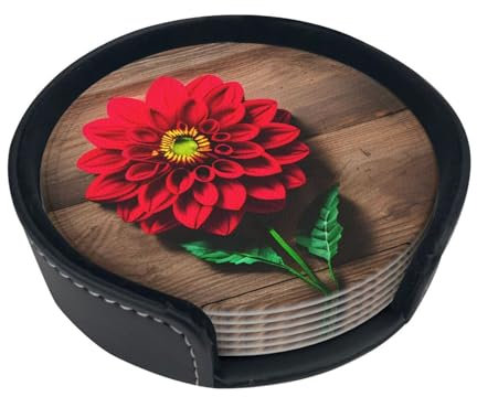 Holzbrett Retro Blume rote Dahlie runder PU-Leder-Untersetzer mit weicher Haptik, passend für Kaffeetassen und Tassen, stilvoller Tischschutz