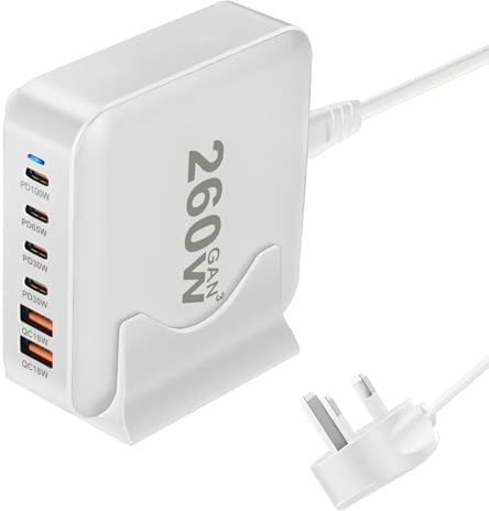 260W GaN Charging Station, 6 Port USB-C Charging Station, Compact Desktop Charging Station, Multi-Device Charger with Good Heat Dissipation, UK Plug For Laptops, Phones & Game Consoles