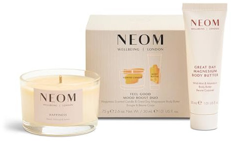 Neom Feel Good Mood Boost Duo Gift Set I Contains: Happiness Travel Candle 75g, Great Day Magnesium Body Butter 30ml I 100% Natural Scent I Sprinkle Happy Vibes