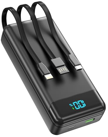 Enerwow Batterie Externe, 27000mAh Power Bank Charge Rapide Portable USB C Batterie avec 3 Câbles Intégrés, Powerbank avec Affichage LED, Compatible Les Séries iPhone 17 16 15 et Autres