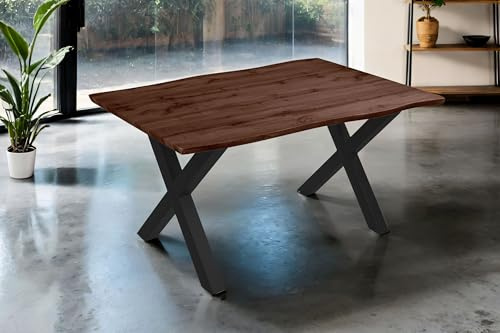 SAM Esstisch Josy | 160 x 85 cm | Holz Nussbaum-Optik | X-Gestell Metall schwarz | 40 mm Tischplatte mit Baumkante | Tisch für Esszimmer & Küche