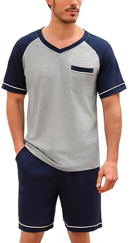 Irdcomps Pigiama Uomo Estivo Pigiami da Uomo Estivi Cotone Pigiama Set Corto Casual Pigiami Due Pezzi Pigiama Set da Notte Casa Manica Corta con Scollo a V Pantaloncini con Tasche Blu Navy 4XL