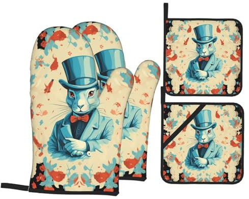Mitaines De Cuisine Imprimé Lapin Magicien Professionnel Kitchen Mittens Anti Chaleur Maniques Cuisine pour Cuisson Femmes Barbecue,4 Pièces