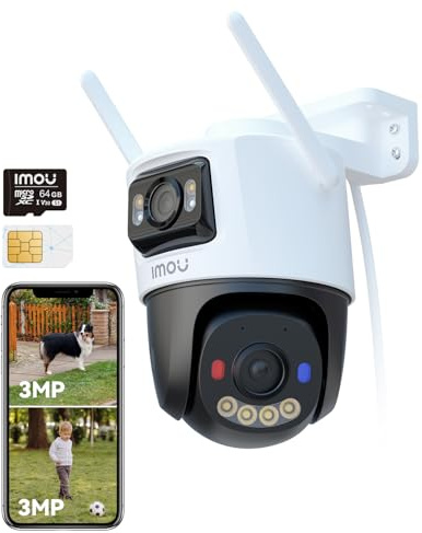 Imou 4G LTE Caméra Surveillance Extérieure à Double Objectif, 3K(3MP+3MP) Camera avec Carte SIM, Détection Humaine/Véhicule, Suivi Automatique, Vision Nocturne Couleur 30M, IP66, Micro SD 64Go Incluse