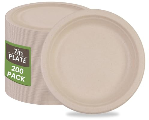 HFBOBP 200 Stück Natürlich pappteller, 100% biologisch abbaubar und kompostierbar, umweltfreundlicher, strapazierfähiger, recycelbarer Essteller, perfekt für Party Picknicks und Grillabende,17.8cm