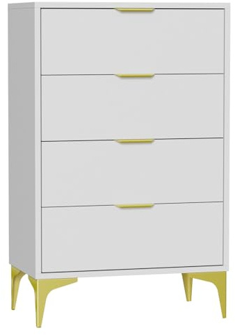 Anunweldo 4 Schubladen Kommode, Kommode für Schlafzimmer, Kommode mit 4 Schubladen, Schubladenschrank Schmal für Wohnzimmer, Schlafzimmer,Arbeitszimmer (Weiß)