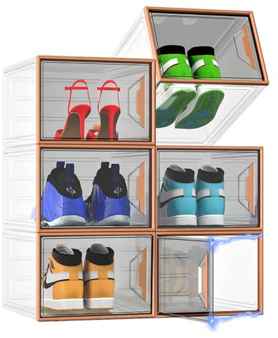 ADTO X-Large Stackable Shoe Boxes - Clear Plastic Shoe Storage Boxes with Magnetic Door, Thicken Shoe Organizer for Closet, Space Saving Foldable Shoe Containers Bins for Sneaker Boot - 6 Pack(Brown)