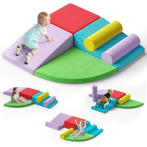 Brolteja Baby-Schaumstoffbausteine, Softplay-Set für Kleinkinder von 1–3 Jahren, Baby-Kletterturm mit Rutsche, große Bausteine ​​für Kleinkinder (bunt-6-Stoffabdeckung)