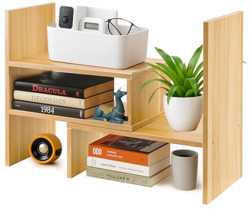 Toemics Adjustable Desktop Bookshelf Expandable Wooden Desk Organiser, Small Desktop Storage Rack for Books, Office Supplies, Space-Saving Bookcase for Home Office (Natural)