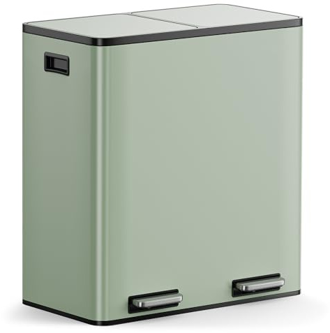 VonHaus Kitchen Bin, 60L Double Recycling Bin for Kitchen, Sage Green Two Section Food Waste Separation System with Non-Slip Base & Removable Inner-Compartments, Large Airtight Trash Can, 2 x 30L