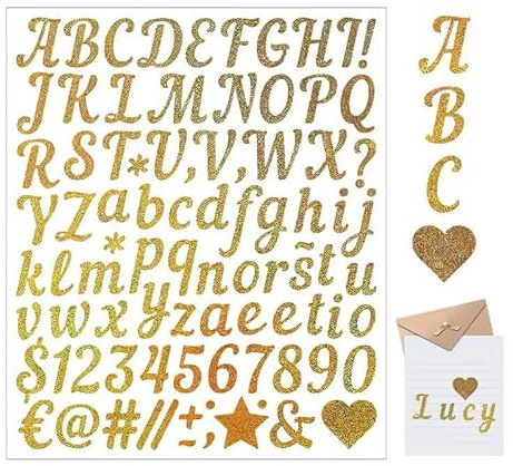 HMCEY 12 Blätter Selbstklebende Buchstaben Aufkleber,Klebebuchstaben Groß Mit Zahlen,Letter Stickers Alphabet,Goldene Glitzerbuchstaben Zum Aufkleben,Wachszahlen Sticker Scrapbook für Hochzeit