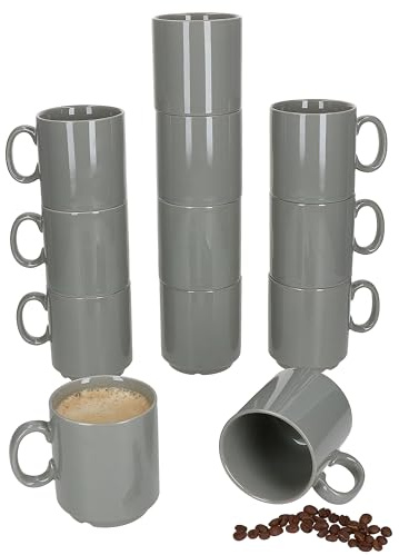 MamboCat Event - Set di 12 tazze da caffè, 250 ml, in porcellana grigia con manico, per 12 persone, impilabili per bevande calde come tè, cacao, latte macchiato & Co