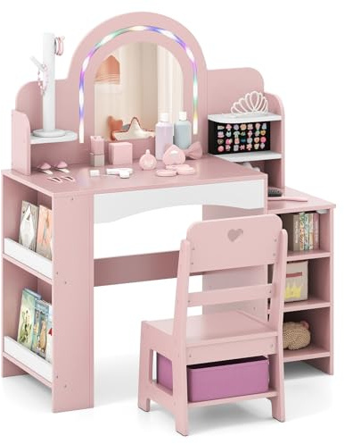 COSTWAY Schminktisch Kinder mit Beleuchtung, Kinderschminktisch mit Buntem Spiegel, Frisiertisch mit Regalen, Schmuckhalter, Bücherregal & Stoffbox, Kosmetiktisch für Mädchen ab 3 Jahren (Rosa)