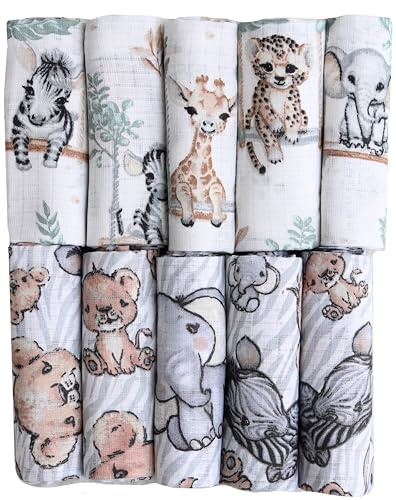 FENSILO Mulltücher Baby 70x80 Baumwolle - Spucktücher Baby weich saugstark - Musselin Mulltücher Bedruckt - Stoffwindeln waschbar - 10er Set Mullwindeln für Junge Mädchen Giraffe-Olifant