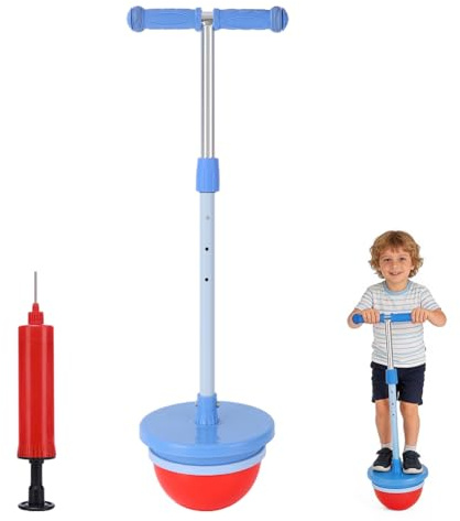 Höhenverstellbarer Hüpfball für Kinder ab 4 Jahren, Sprungball mit Rutschfesten Griffen und Fußstützen, Pogo Ball für Gleichgewicht und Koordination, Drinnen und Draußen, bis 100 kg Belastbar (Blau)