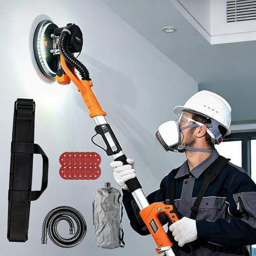 DowPie Lijadora de Techo, lijadora de Paneles de Yeso de Velocidad Variable con 6 velocidades, 500-2000 RPM, iluminación LED Completa, Mango Extensible y 12 Hojas de Lija. Orange-110V