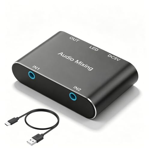 GINTOOYUN 3.5mm Stereo Audio Mixer 2 In 1 Out 3.5mm Stereo Mini Audio Mixer with 1.64 FT USB Charging Cable for Laptops,Phones,Headphones,Speakers etc