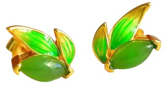 S925 Silver med Natural Green Jade Leaf Ear Stud Örhängen för Kvinnor Yoga Äkta