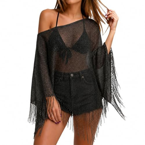 newhsy Womens Fringe Knit Poncho, Lightweight Sheer Summer Beach Cover Up, Loose Off-Shoulder Asymmetrical Shawl for Beach, Vacation, Daily Wear and Outdoor Activities