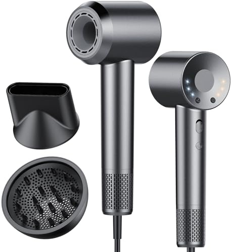 Aowoka High-Speed Hairdryer 110,000 RPM Ionic Hair Dryer with 3 Speed 3 Heat Setting，Hairdryers with Diffuser and Concentrator Nozzle for Women Man Gray