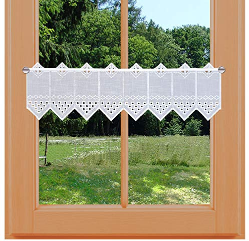 kollektion MT Scheibengardine Kurzgardine Kayla Feenhausgardine Vogtländischer Spitze weiß mit Lochstickerei auf leichtem Batist mit Käseleinen-Struktur 20 x 80 cm