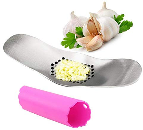 Stainless Steel Garlic Press - Rocker Garlic Crusher,Squeezer Slicer with Bonus Silicone Peeler