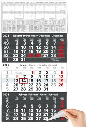 TOBJA 3 Monatskalender 2026 Wandkalender mit Schieber - Anthrazit Kalender 2026 Wandkalender | FSC-zertifiziert, mit Schulferien, Feiertagen & Jahresübersicht | Großformat 56x30 cm (gefalzt!)